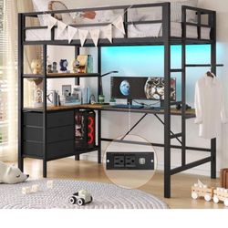 Twin Metal Loft Bed, With L Shape Desk. 3 Storage Shelves.