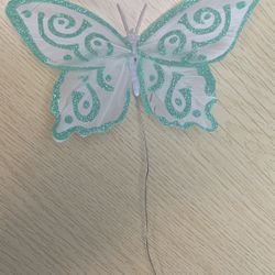 33 Teal White Sparkly Feathered Individual Butterflies 