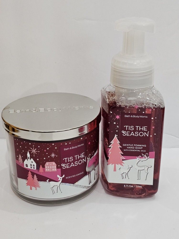 New Bath And Body Works TIS THE SEASON 3wick candle and foaming hand soap