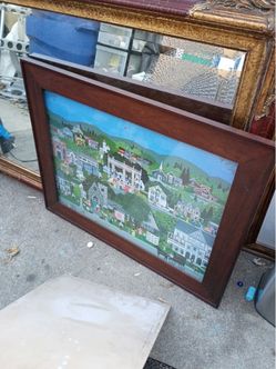 Framed Folk Art Town Scene Print