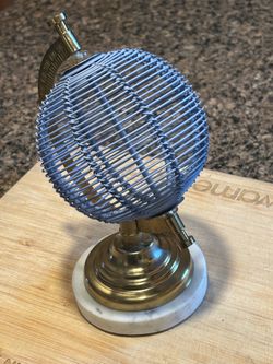 Vintage Style Brass & Marble Mini Bingo Cage / Lottery Ball Spinner Decor