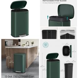 13 Gallon (50 L) Trash Can, Stainless Steel Kitchen Garbage Can, Recycling or Waste Bin, Soft Close, Step-On Pedal, Removable Inner Bucket, Retro Gree