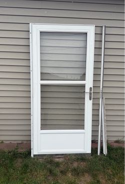 36" X 80" White Aluminum Storm Door With Frame, Glass & Screen