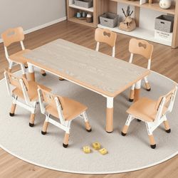 Kids Table and 6 Chairs Set, Height Adjustable, Toddler Play Activity Table Set w/ Graffiti Tabletop & Non-Slip Legs for Daycare Classroom Home, Yello