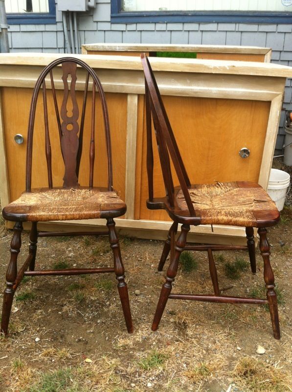 Pair of antique early American spindle back chairs with grass rush