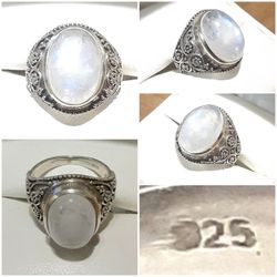 .925 Sterling Silver Rainbow Moonstone Dinner Ring. 