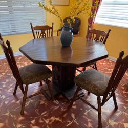 Antique Octagonal  Wood Dining Table And Four Chairs