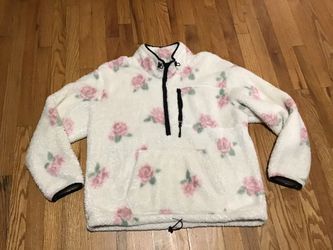 PINK VICTORIA SECRETS ROSES PRINT SHERPA PULLOVER HALF ZIP POCKETS SUPER COZY WOMAN SIZE X-LARGE 