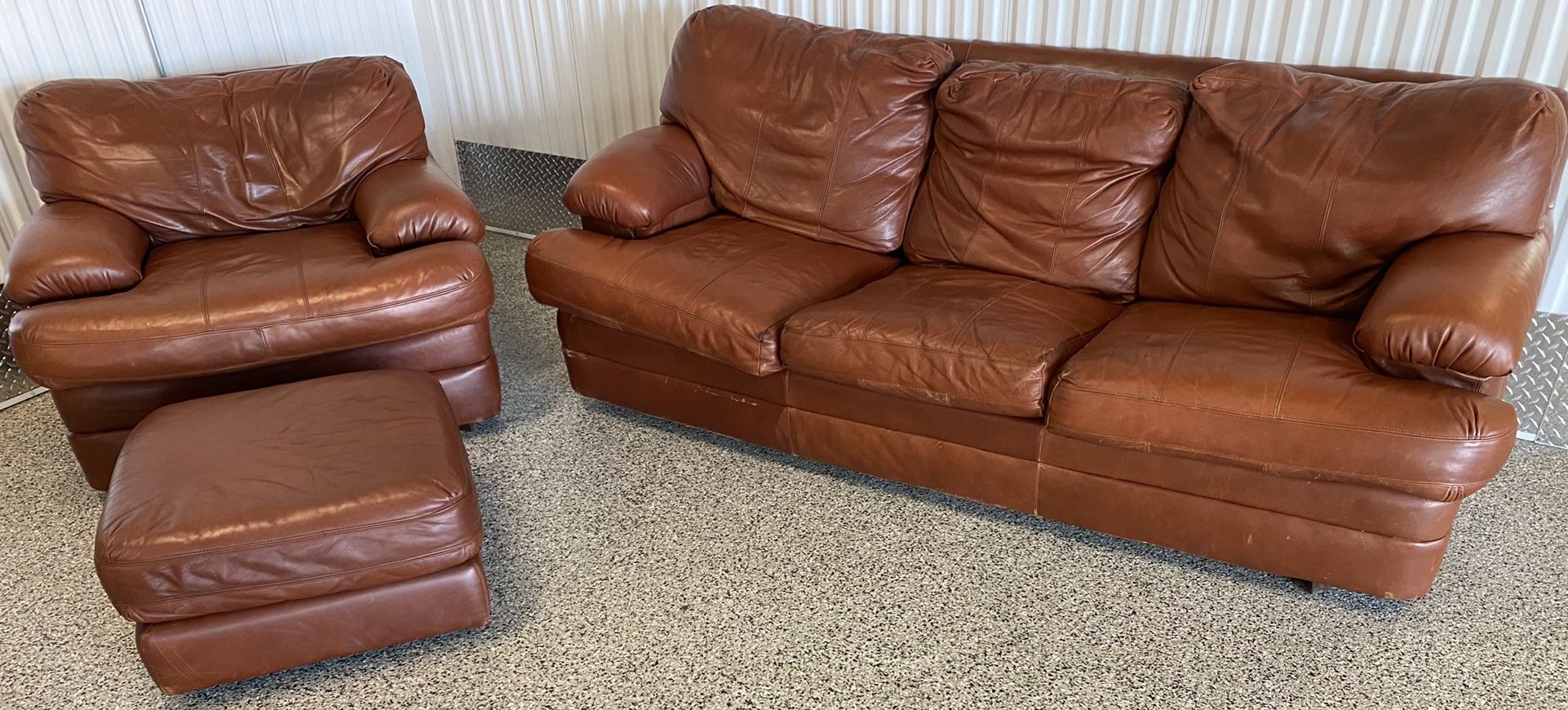 Need Gone - Brown Leather Couch Set w/Ottoman + Hide A Bed