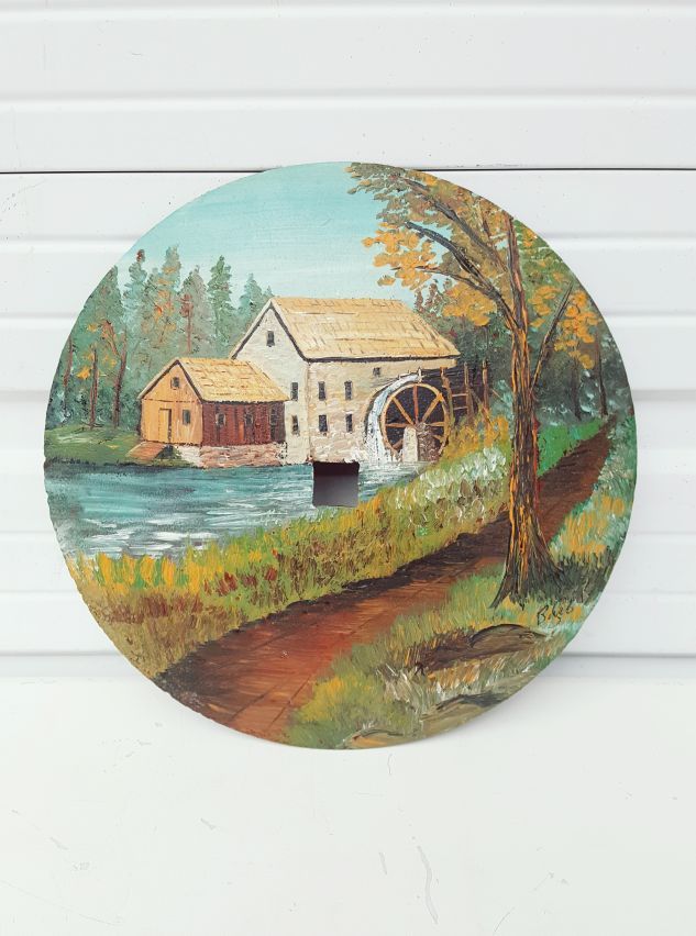 Antique Plow Disc Blade with Painted Grain Mill Scene Wall Decor