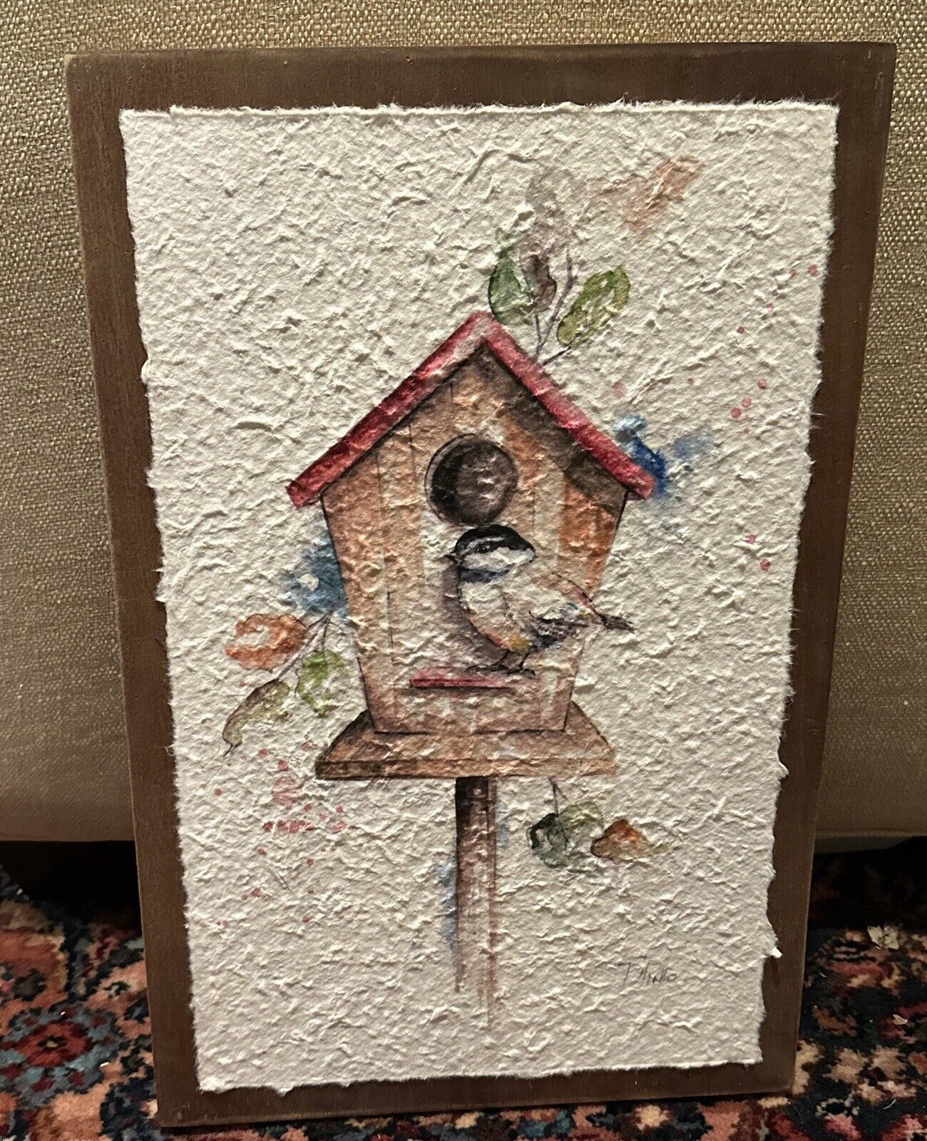 Antique Farm House Textured Paper on Wood Print - Birdhouse with Bird - Artwork