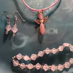 Pink Angel Jewelry Set Earrings Bracelet Necklace