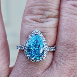 Aqua Teardrop Cubic Zirconia 18kt White Gold Plated Sterling Silver Ring.