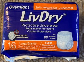 New LivDry Overnight Adult Incontinence Protective Diapers Underwear, Size L - 16 Count