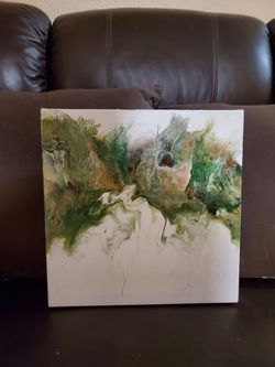 Acrylic pour on canvas, 12x12, green and brown