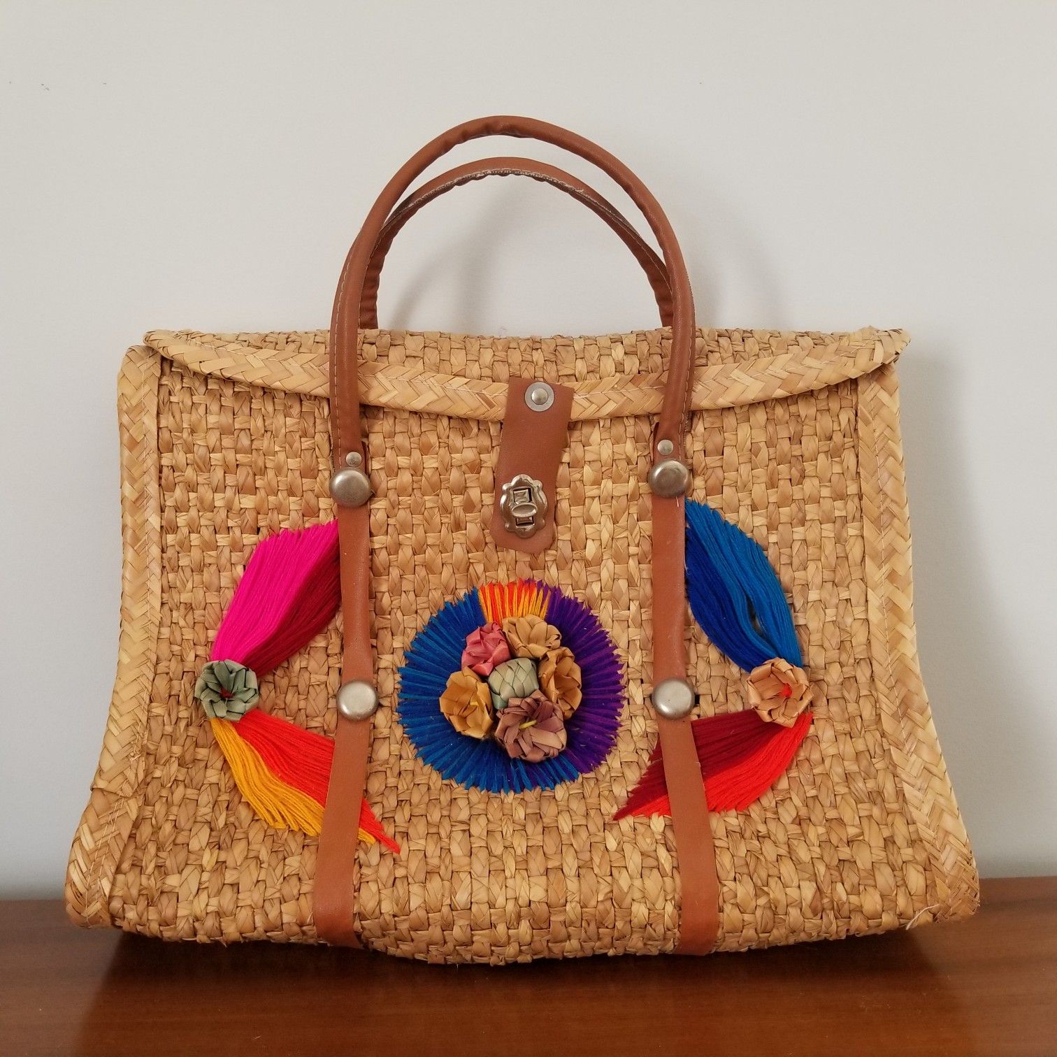 Large vintage hippie boho purse, straw tote bag