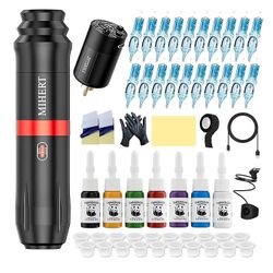 BRAND NEW Tattoo Gun Kit with Wireless Rotary Tattoo Machine, 1500mAh Battery, 20 Tattoo Cartridge Needles, 7 Tattoo Inks, Tattoo pen for Beginners an