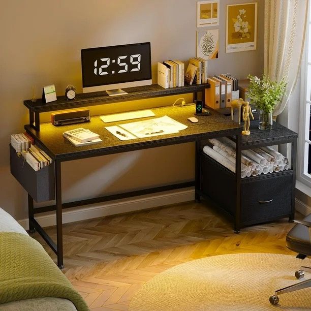 56.5” Computer Desk with Monitor Stand & Drawer