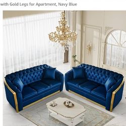 Gold And Blue Velvet Luxury Two Piece Sofa Set