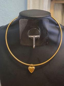 Gold Tone Omega Choker Necklace with Heart Pendant