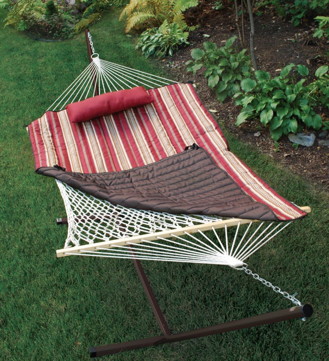 Algoma Deluxe Hammock Set - Includes Rope Hammock, Padded Quilt, Pillow, Stand, Storage Bag, Drink and Media Holder
