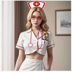 Large  3 Pieces Floral Lace Cosplay Nurse Mesh Mini Skirt Lingerie Set Bra and Panty