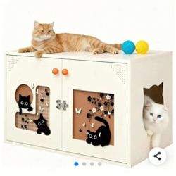 Cat Litter Box Enclosure/Hidden Metal Litter Cabinet with Removable Divider – Decorative Furniture, Cat Cabinet, Side Table with Patterned Door – Pet 