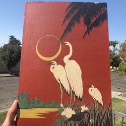 Asian Inspired Wall Art: Red Moon & Cranes - Vintage Chinoiserie