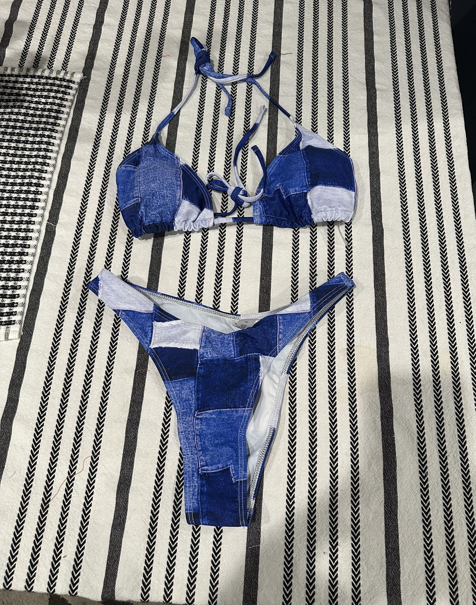 jean print bikini with swim skirt and head scarf