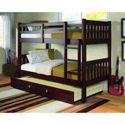 TWIN OVER TWIN BUNK BED WITH TRUNDLE BED AND MATTRESS INCLUDED