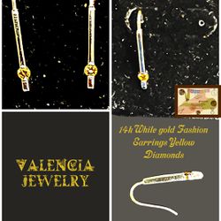 14k White Gold Dangling Earrings Yellow Diamonds 
