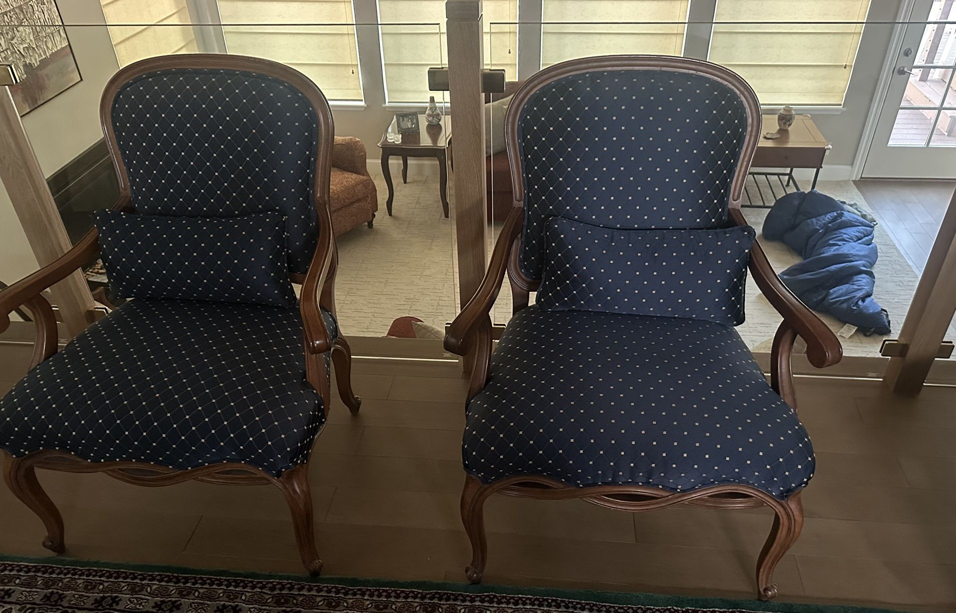 Pair of Navy & Gold Century Armchairs – Excellent Condition”
