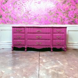 Pink French Provincial Long Triple Dresser 