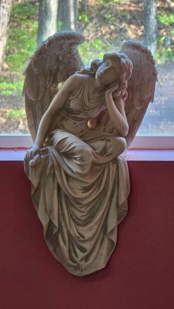 Pair of Large Sitting Angel Wall Sculptures — Antique Stone Finish