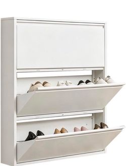 Metal Shoe Storage Cabinet with 3 Flip Drawers, Hidden Wall Mounted Slim Shoe Rack Cabinet, Metal Narrow Shoe Cabinet for Entryway Hallway