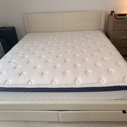 King Size Cream Leather Bed With Charing Ports And Storage