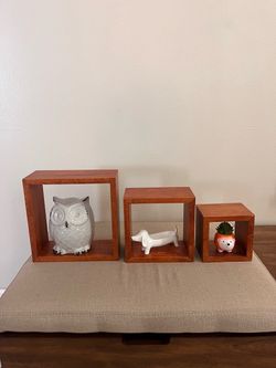 Set of 3 Wood Cube Wall Shelves , decor included