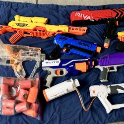 7 Nerf Guns, Targets & Extra Mega Barrel/stock. Only $15!