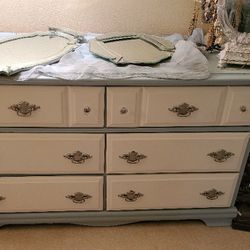 Pine Wood 6 Drawer Dresser Shabby Chic Blue & White