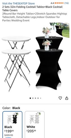 2 Sets 32in Folding Cocktail Tables+Black Cocktail Table Covers 2Round Bar Height Tables+2Stretch Spandex Hightop Tablecloth, Detachable Legs,Indoor O