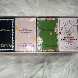 Marc Jacobs Fragrance Set for Her, containing travel-size bottles of Daisy Eau de Toilette, Daisy Eau So Fresh Eau de Toilette, Daisy Wild E