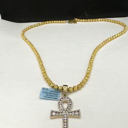 14k gold Moon Cut Beaded Ball chain and Diamond  cross pendant 💎💎 neckance gold pendant