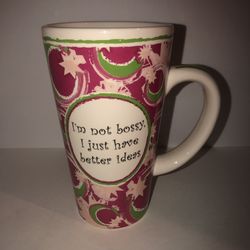 Large coffee/tea pottery ceramic pink/green mug with funny saying. There’sa tiny chip on the rim. Be safe to see all the pictures