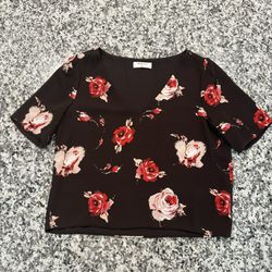 Aritzia Babaton Black and Red Floral V Neck Blouse