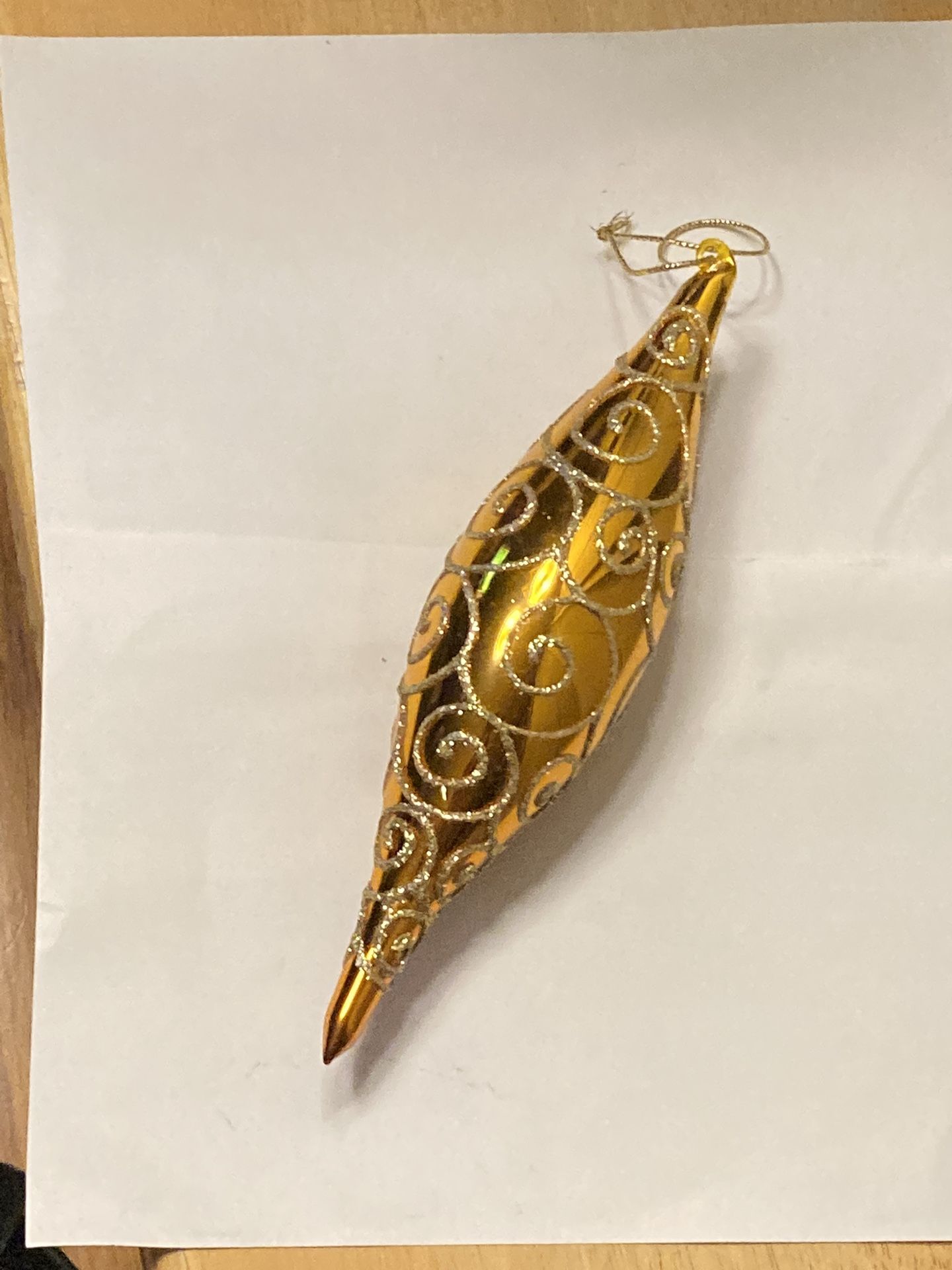 Glass Blown Golden Icicle With Glitter Scrolls