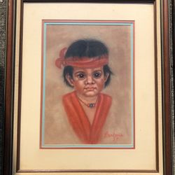 Vintage Original Native American Boy Signed Art 1987 Non Glare Framed-19x23 The Art Is Signed Barbara, Last Name McCown, Myrtle Beach and Originally F