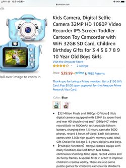 Kids Camera, Digital Selfie Camera 32MP HD 1080P Video Recorder IPS Screen Toddler Cartoon Toy Camcorder with WiFi 32GB SD Card, Children Birthday Gi