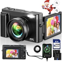 Digital Camera 4K Vlogging Camera For Youtube Autofocus With 32gb Sd Card 180 Flip Screen 16x Digital Zoom 48mp Video Camera Camcorder For Photography