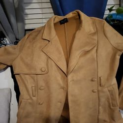 Love tree camel faux suede double-breasted coat