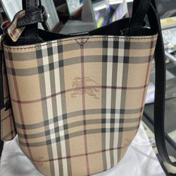 Burberry Women's Leather And Haymarket Check Crossbody Bucket Bag Black